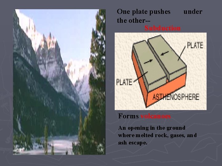 One plate pushes under the other-Subduction Forms volcanoes An opening in the ground where One plate pushes under the other-Subduction Forms volcanoes An opening in the ground where