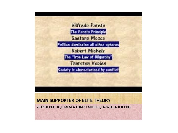 MAIN SUPPORTER OF ELITE THEORY VILFRED PARETO, G. MOSCA, ROBERT MICHELS, LASWELL, G. D.