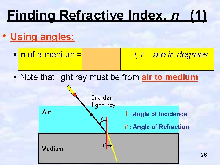 Finding Refractive Index, n (1) • Using angles: § n of a medium =