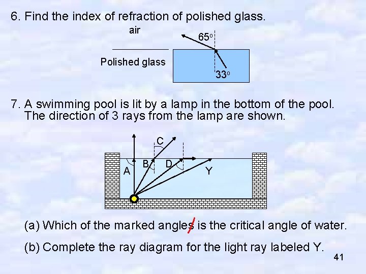 6. Find the index of refraction of polished glass. air 65 o Polished glass