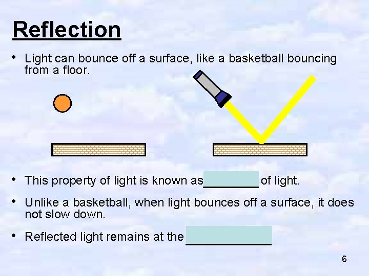 Reflection • Light can bounce off a surface, like a basketball bouncing from a