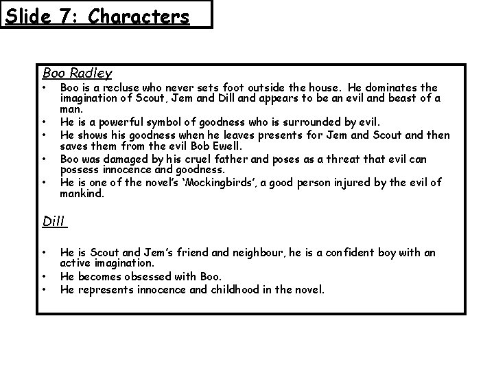 Slide 7: Characters Boo Radley • • • Boo is a recluse who never