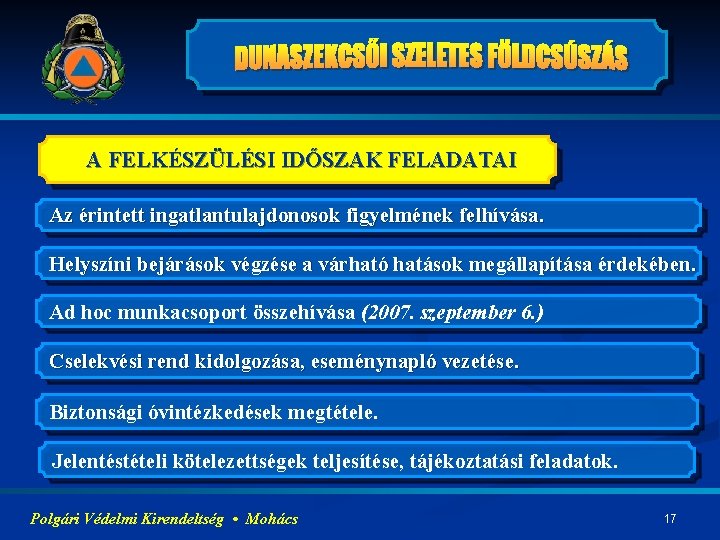 A FELKÉSZÜLÉSI IDŐSZAK FELADATAI Az érintett ingatlantulajdonosok figyelmének felhívása. Helyszíni bejárások végzése a várható