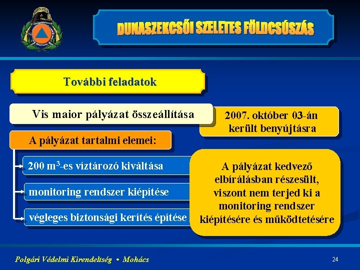 További feladatok Vis maior pályázat összeállítása A pályázat tartalmi elemei: 200 m 3 -es