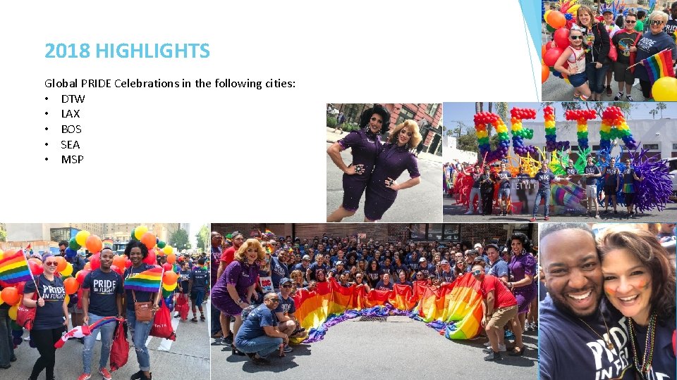 2018 HIGHLIGHTS Global PRIDE Celebrations in the following cities: • DTW • LAX •