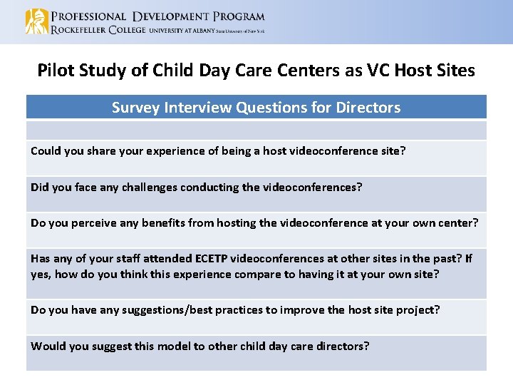 Pilot Study of Child Day Care Centers as VC Host Sites Survey Interview Questions