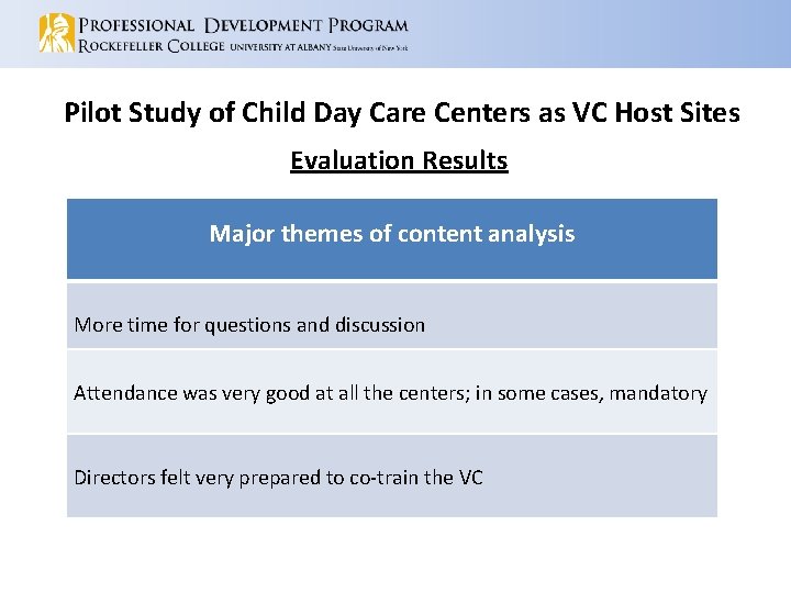 Pilot Study of Child Day Care Centers as VC Host Sites Evaluation Results Major