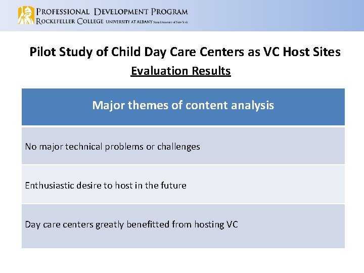 Pilot Study of Child Day Care Centers as VC Host Sites Evaluation Results Major