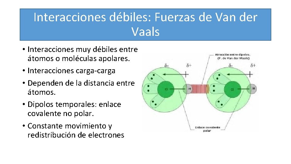 Interacciones débiles: Fuerzas de Van der Vaals • Interacciones muy débiles entre átomos o