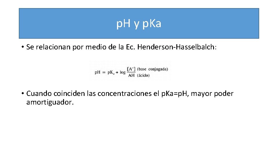 p. H y p. Ka • Se relacionan por medio de la Ec. Henderson-Hasselbalch: