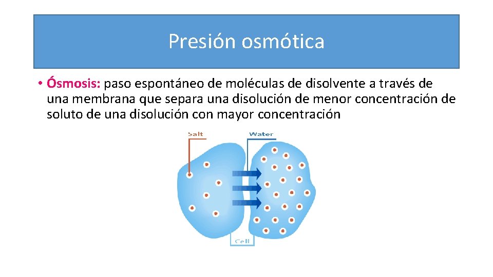 Presión osmótica • Ósmosis: paso espontáneo de moléculas de disolvente a través de una