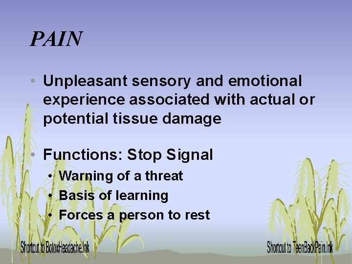 PAIN • Unpleasant sensory and emotional experience associated with actual or potential tissue damage