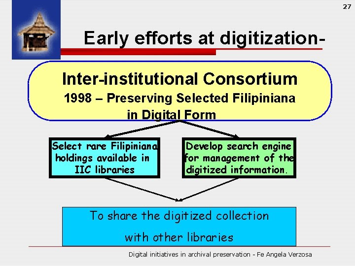 27 Early efforts at digitization. Inter-institutional Consortium 1998 – Preserving Selected Filipiniana in Digital