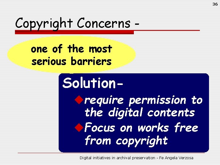 36 Copyright Concerns one of the most serious barriers Solution- urequire permission to the