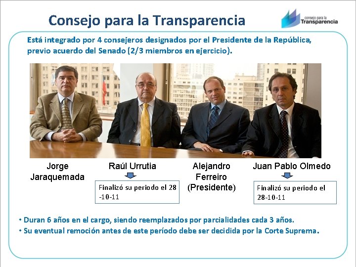 Consejo para la Transparencia Está integrado por 4 consejeros designados por el Presidente de