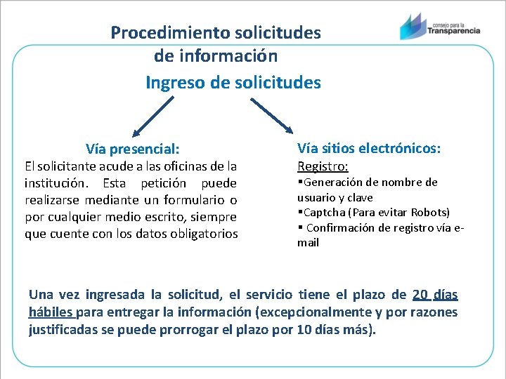 Procedimiento solicitudes de información Ingreso de solicitudes Vía presencial: El solicitante acude a las