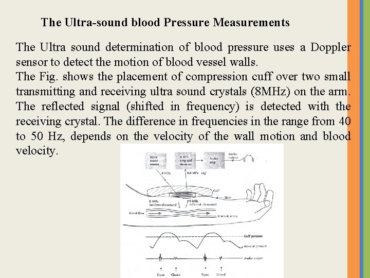 The Ultra-sound blood Pressure Measurements The Ultra sound determination of blood pressure uses a