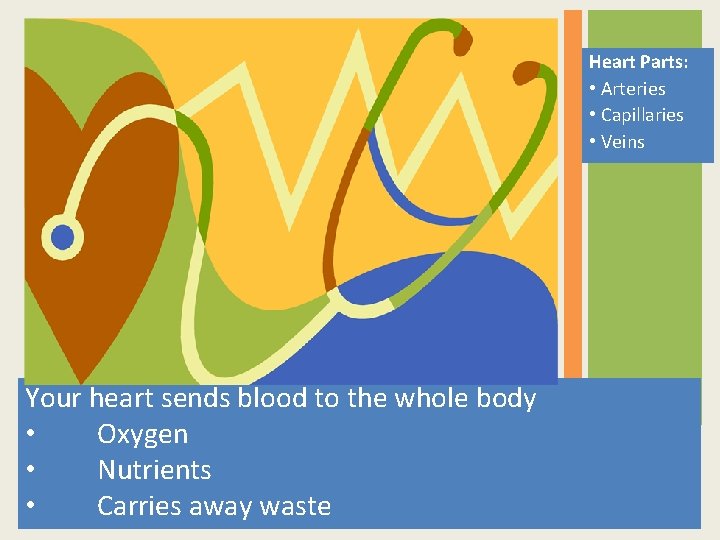 Heart Parts: • Arteries • Capillaries • Veins Your heart sends blood to the