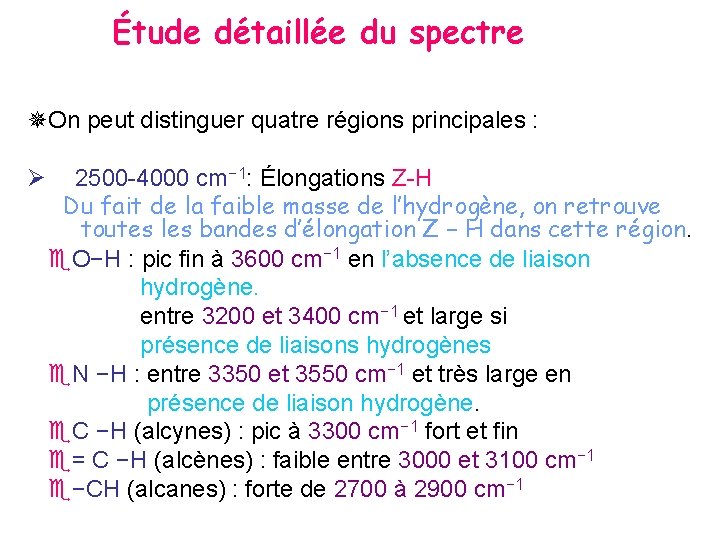 Étude détaillée du spectre On peut distinguer quatre régions principales : 2500 -4000 cm−