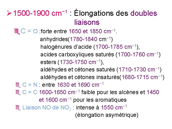  1500 -1900 cm− 1 : Élongations des doubles liaisons C = O :