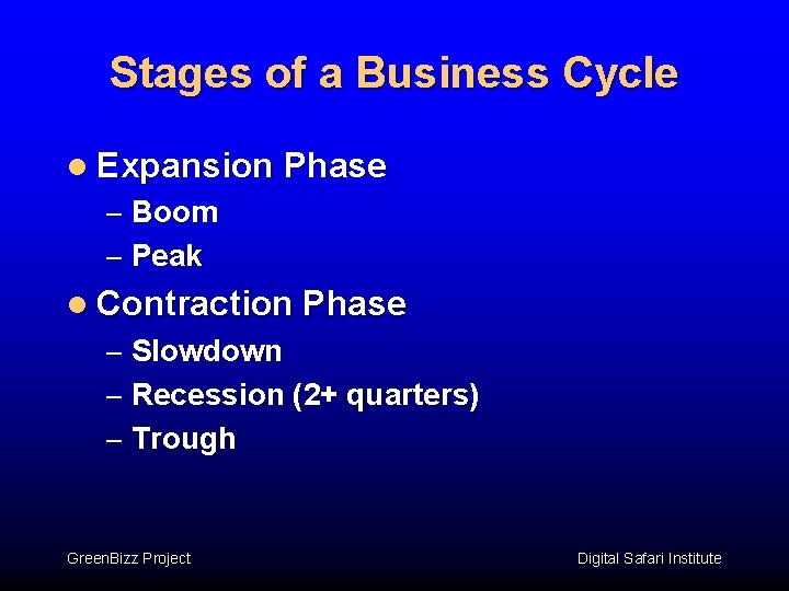 Stages of a Business Cycle l Expansion Phase – Boom – Peak l Contraction