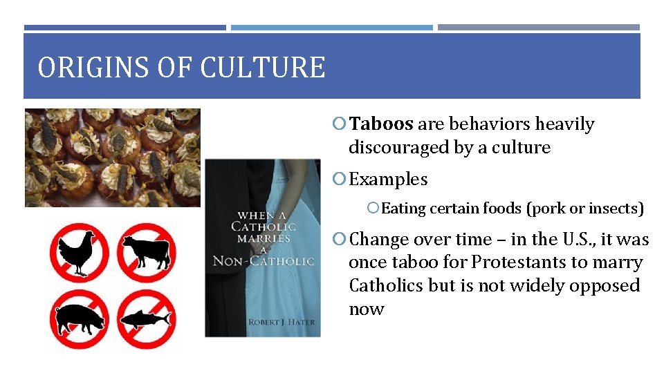 ORIGINS OF CULTURE Taboos are behaviors heavily discouraged by a culture Examples Eating certain