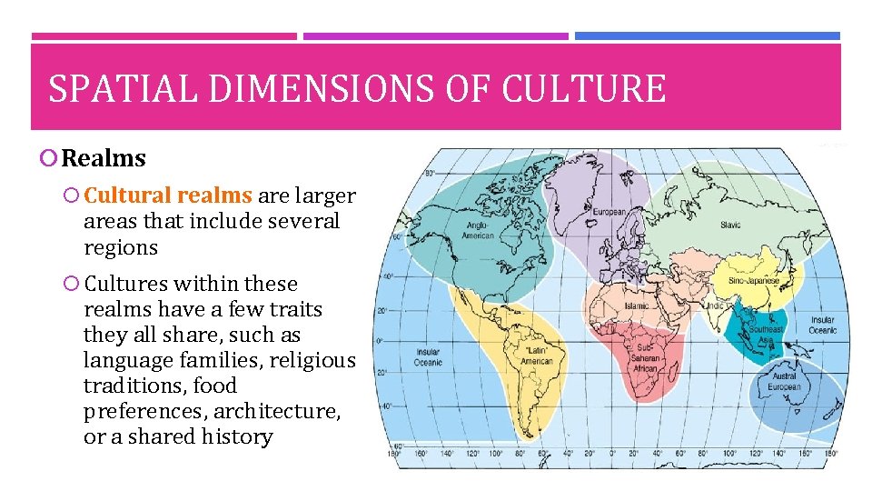 SPATIAL DIMENSIONS OF CULTURE Realms Cultural realms are larger areas that include several regions