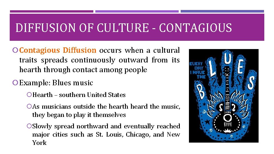 DIFFUSION OF CULTURE - CONTAGIOUS Contagious Diffusion occurs when a cultural traits spreads continuously