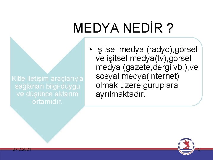 MEDYA NEDİR ? • İşitsel medya (radyo), görsel ve işitsel medya(tv), görsel medya (gazete,