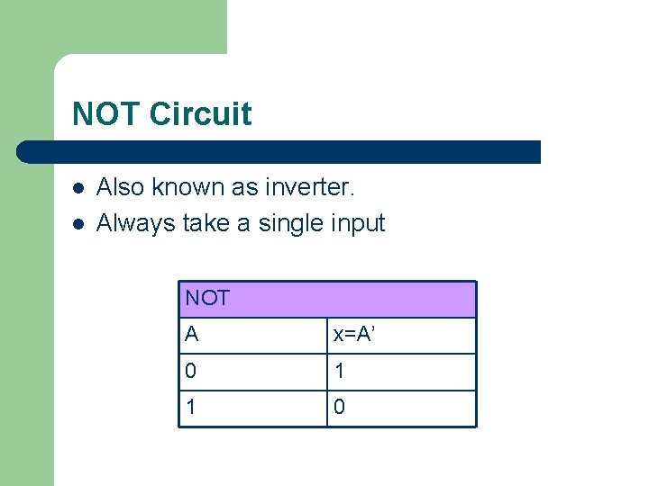 NOT Circuit l l Also known as inverter. Always take a single input NOT