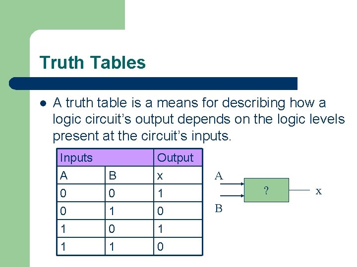 Truth Tables l A truth table is a means for describing how a logic