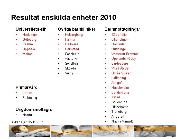 Resultat enskilda enheter 2010 Universitets-sjh. Övriga barnkliniker Barnmottagningar • • • • • •