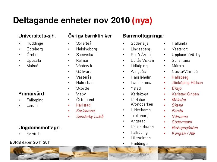 Deltagande enheter nov 2010 (nya) Universitets-sjh. Övriga barnkliniker Barnmottagningar • • • • •
