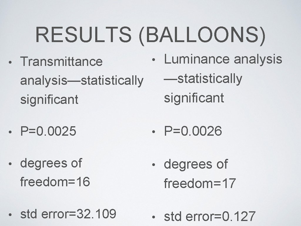 RESULTS (BALLOONS) • • Luminance analysis Transmittance —statistically analysis—statistically significant • P=0. 0025 •