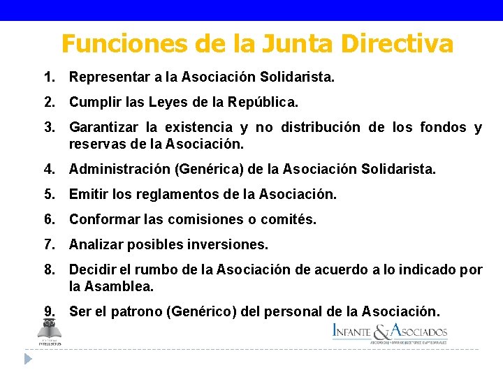 Funciones de la Junta Directiva 1. Representar a la Asociación Solidarista. 2. Cumplir las