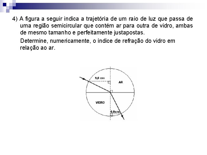 4) A figura a seguir indica a trajetória de um raio de luz que