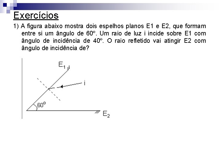 Exercícios 1) A figura abaixo mostra dois espelhos planos E 1 e E 2,