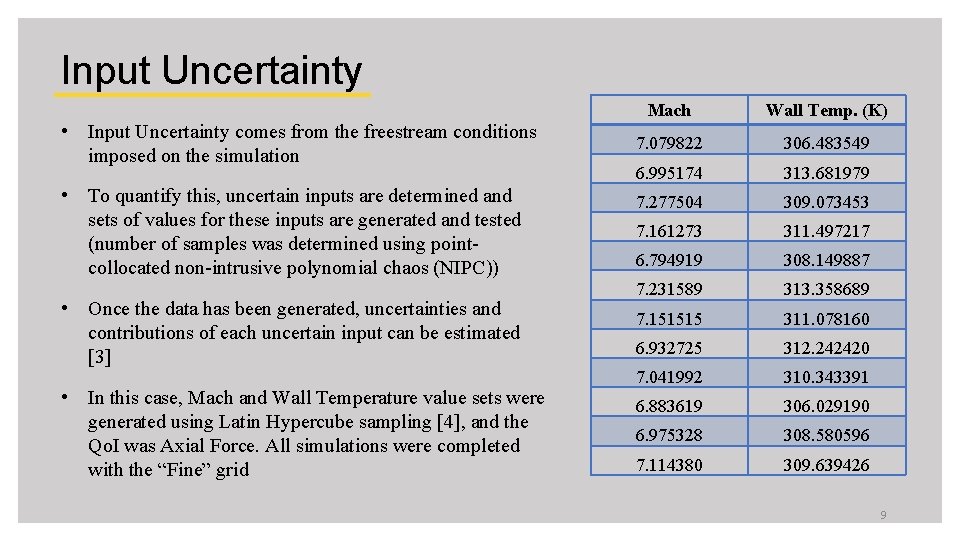 Input Uncertainty • Input Uncertainty comes from the freestream conditions imposed on the simulation