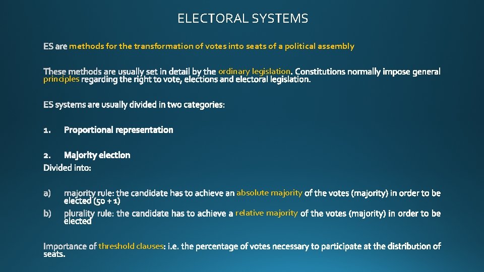 ELECTORAL SYSTEMS methods for the transformation of votes into seats of a political assembly