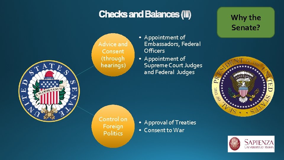 Checks and Balances (III) Advice and Consent (through hearings) • Appointment of Embassadors, Federal