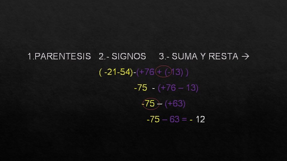 1. PARENTESIS 2. - SIGNOS 3. - SUMA Y RESTA ( -21 -54)-(+76 +