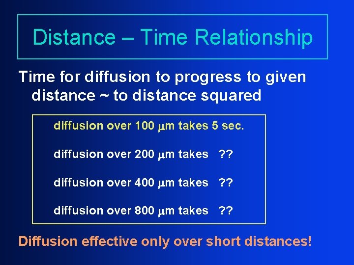 Distance – Time Relationship Time for diffusion to progress to given distance ~ to