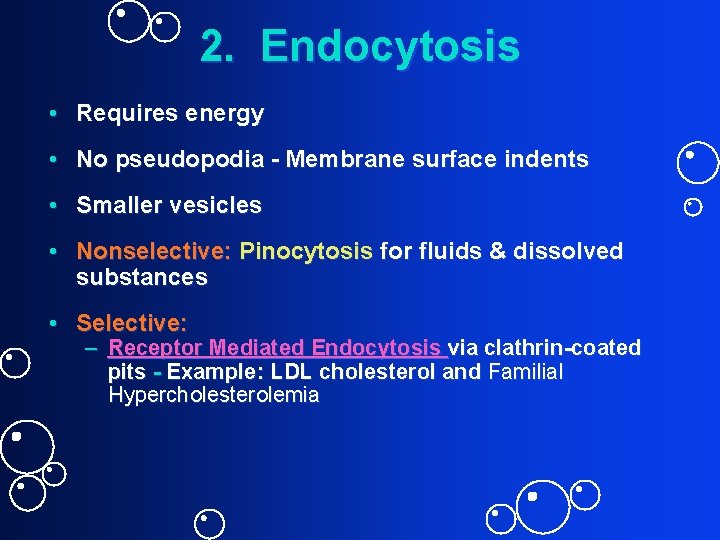 2. Endocytosis • Requires energy • No pseudopodia - Membrane surface indents • Smaller