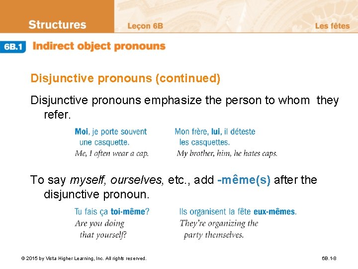 Disjunctive pronouns (continued) Disjunctive pronouns emphasize the person to whom they refer. To say
