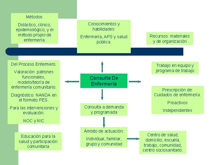 Métodos: Didáctico, clínico, epidemiológico, y el método propio de enfermería. Conocimientos y habilidades: Enfermería,