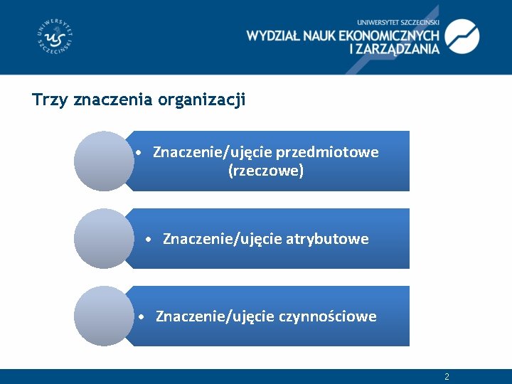 Trzy znaczenia organizacji • Znaczenie/ujęcie przedmiotowe (rzeczowe) • Znaczenie/ujęcie atrybutowe • Znaczenie/ujęcie czynnościowe 2