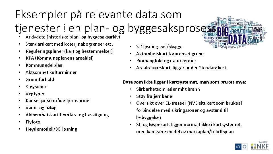 Eksempler på relevante data som tjenester i en plan- og byggesaksprosess. . . Kartlag