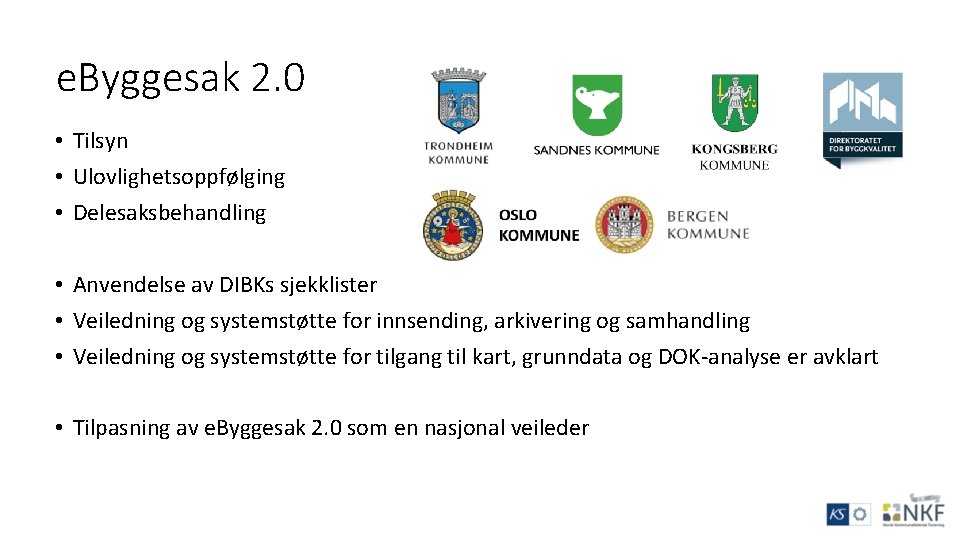 e. Byggesak 2. 0 • Tilsyn • Ulovlighetsoppfølging • Delesaksbehandling • Anvendelse av DIBKs