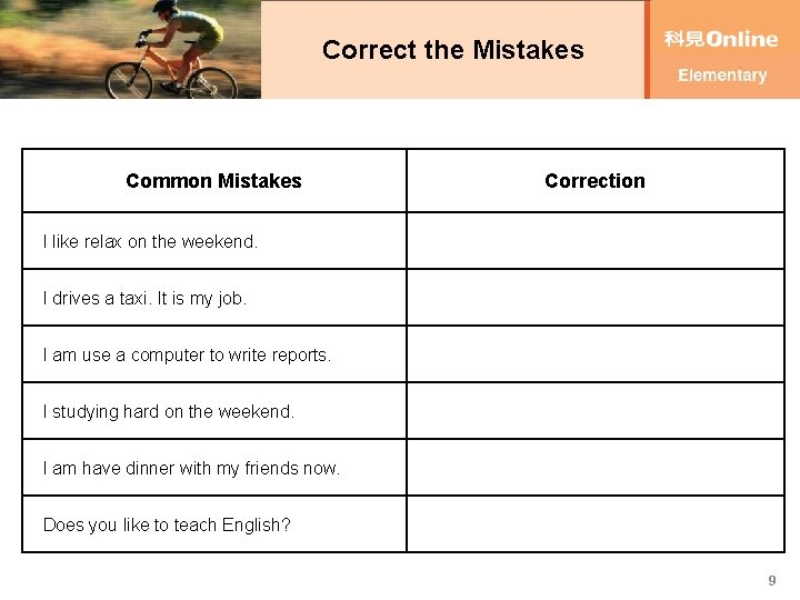 Correct the Mistakes Common Mistakes Correction I like relax on the weekend. I drives