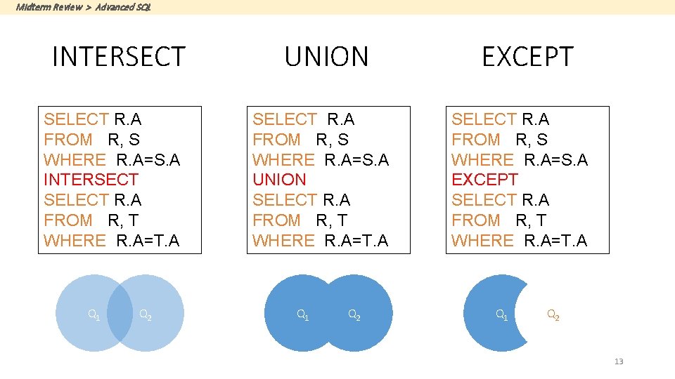 Midterm Review > Advanced SQL INTERSECT SELECT R. A FROM R, S WHERE R.